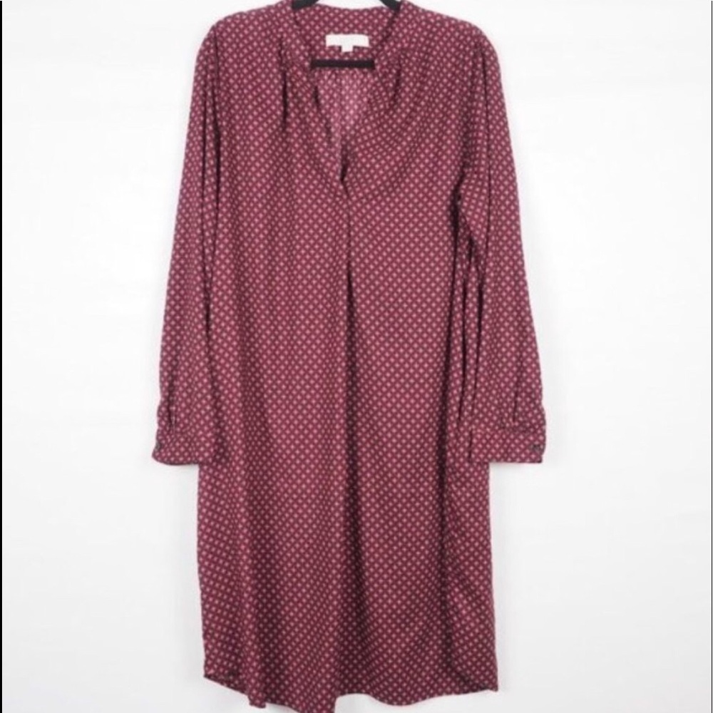 LOFT Long Sleeve Shirt Dress Floral Burgundy XLM